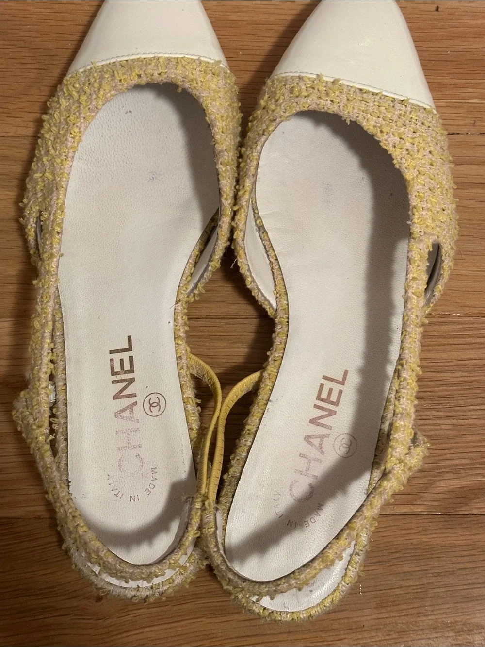 CHANEL Yellow Tweed and White Cap-Toe Slingback Mules